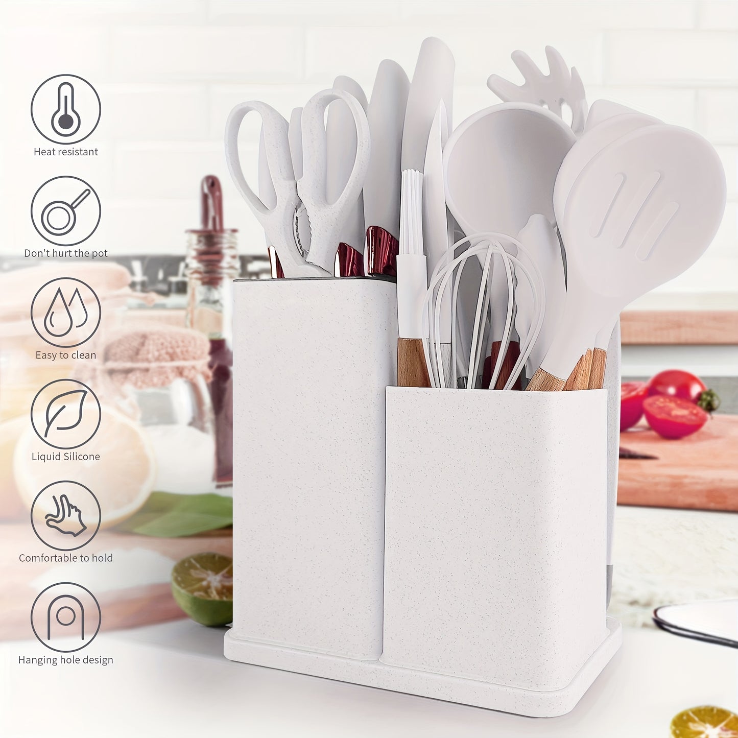 Silicone Kitchen Utensil Set with Wooden Handles