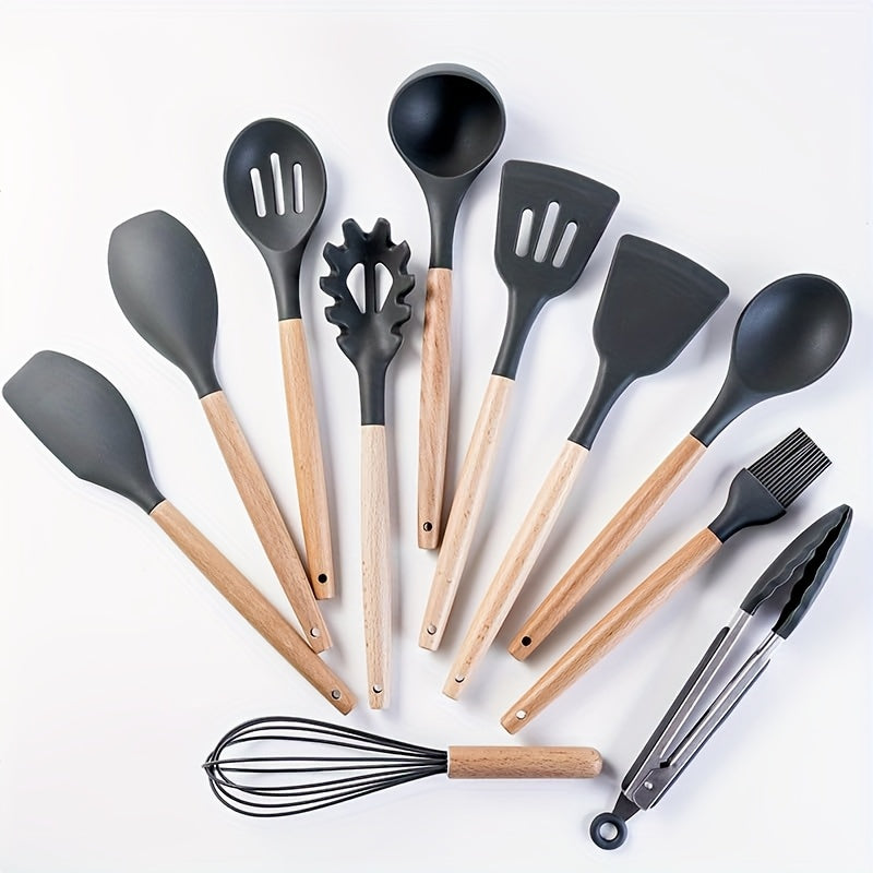 Silicone Kitchen Utensil Set with Wooden Handles