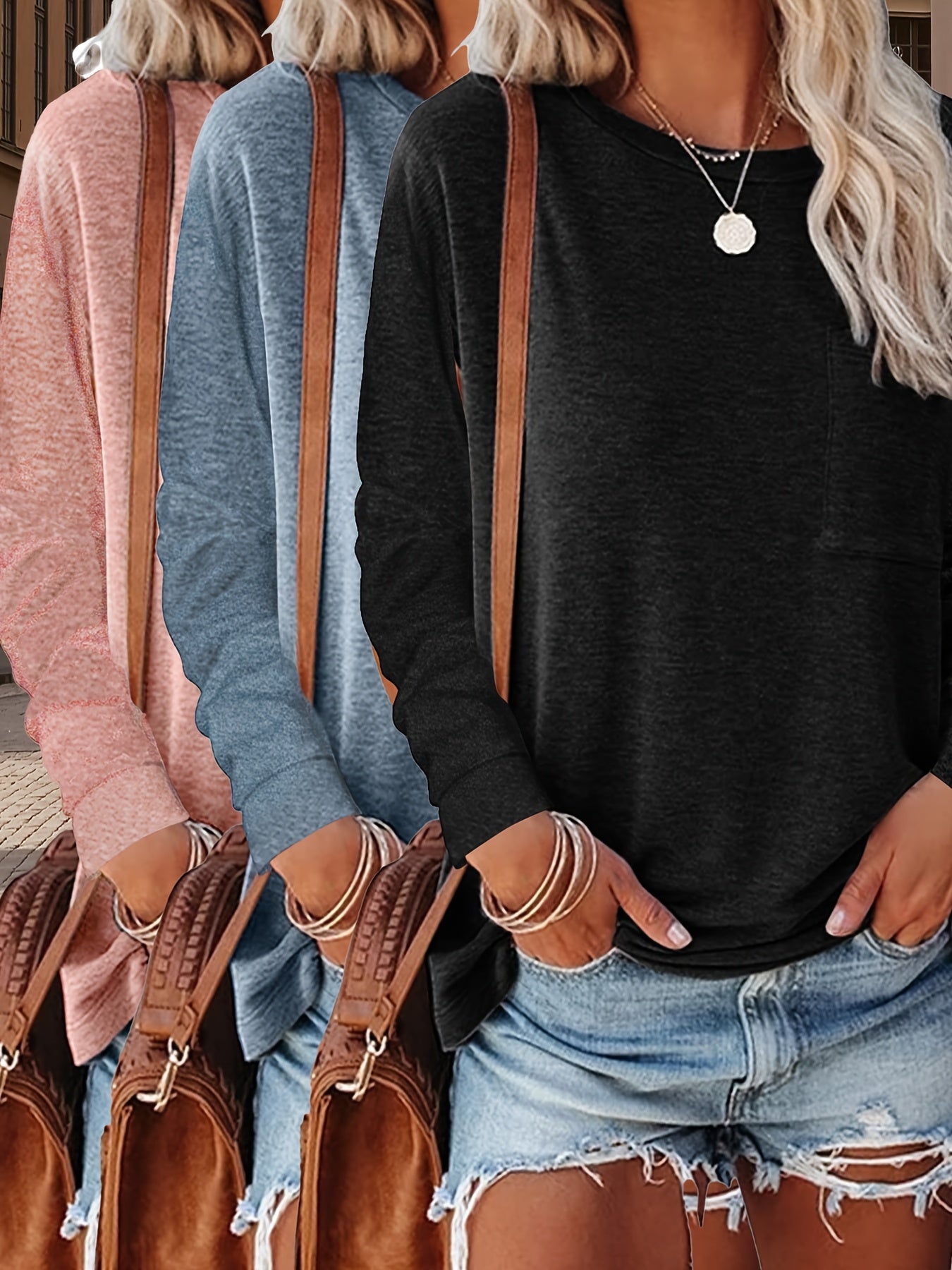 Casual Long Sleeve Pocket T Shirts Set