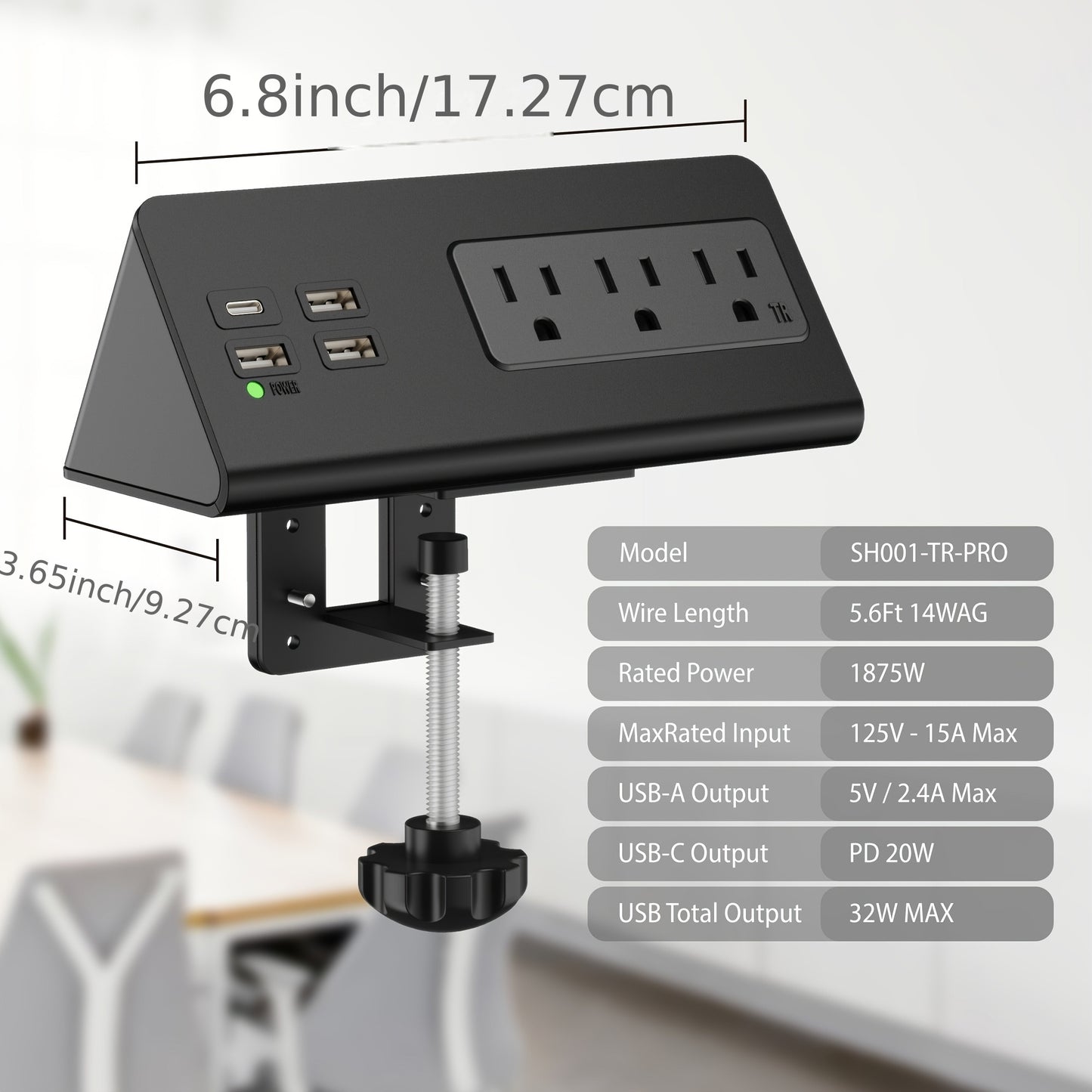 Desk Edge Mount Power Strip with USB Ports