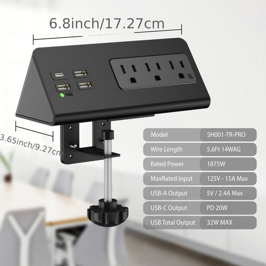 Desk Edge Mount Power Strip with USB Ports