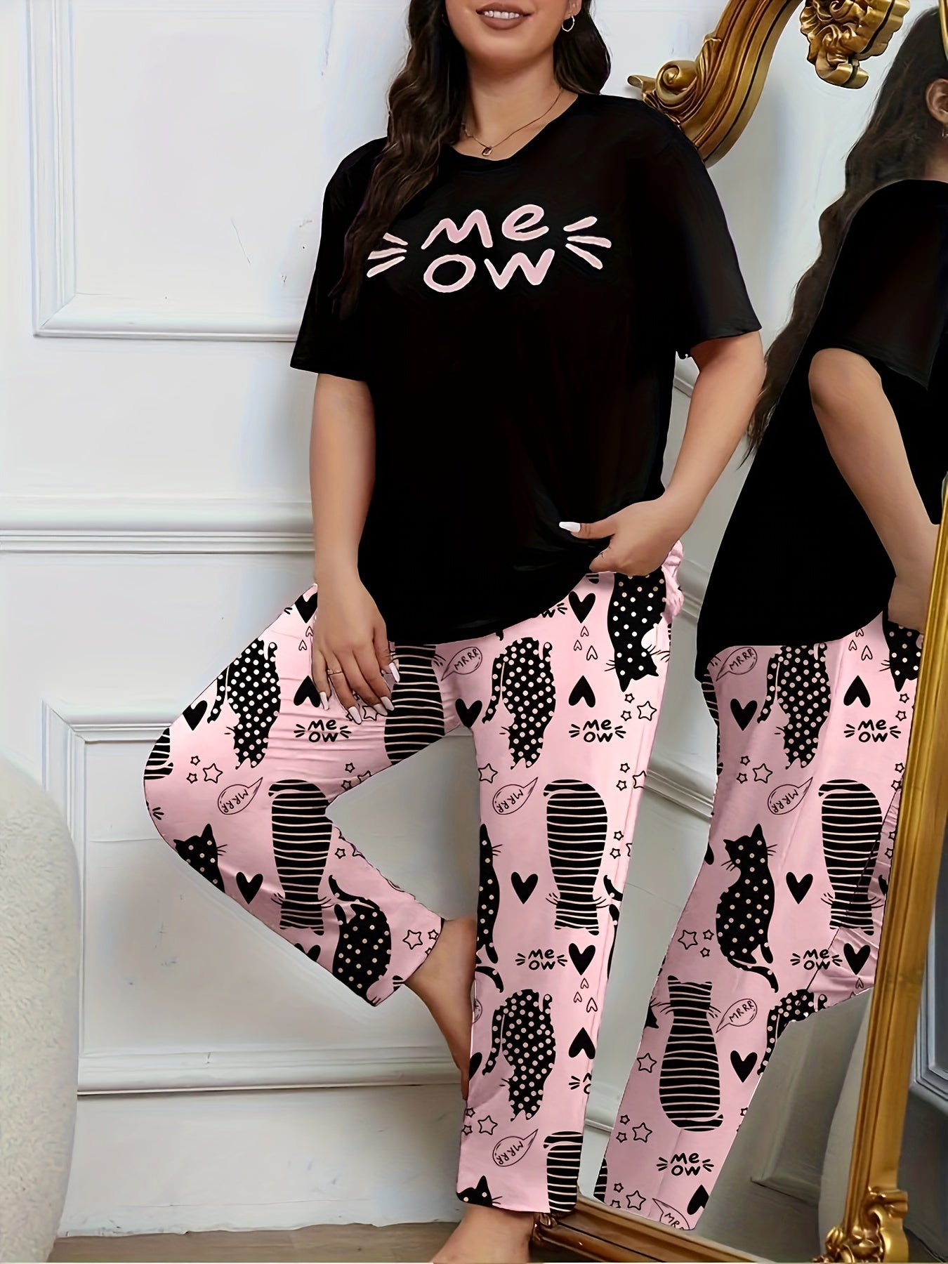 Plus Size Cartoon Cat Pajama Set