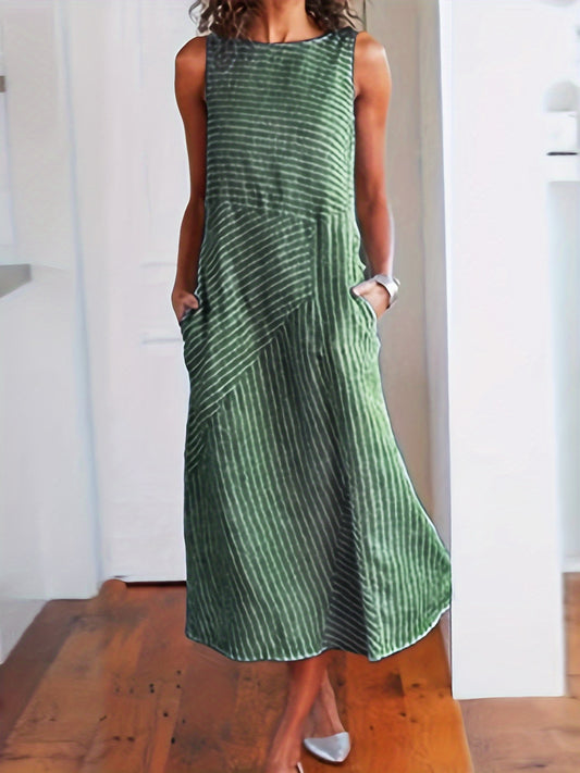 Womens Striped Midi Dress with Pockets