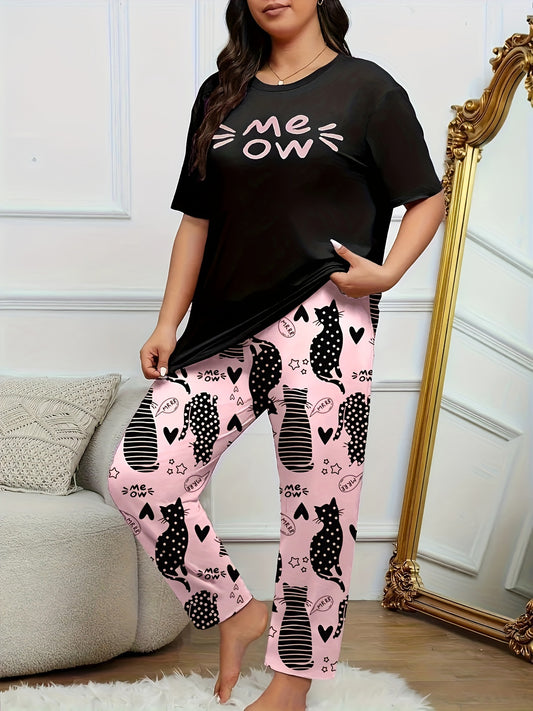 Plus Size Cartoon Cat Pajama Set