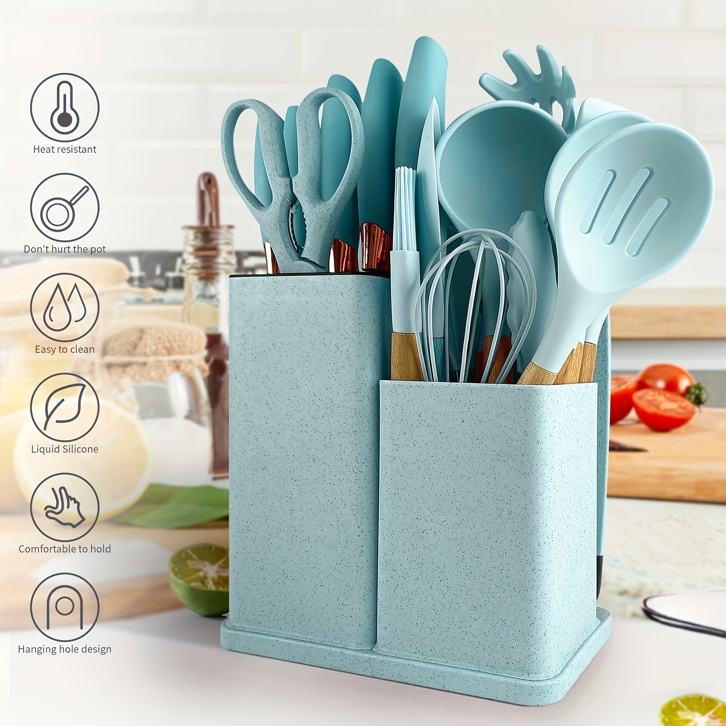 Silicone Kitchen Utensil Set with Wooden Handles